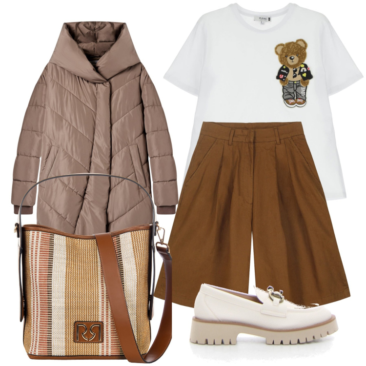 Outfit donna - Altissima montagna. Stile Casual chic per Tutti i giorni. Abbinamento con cappotti, borse a secchiello, t-shirt, mocassini, bermuda.