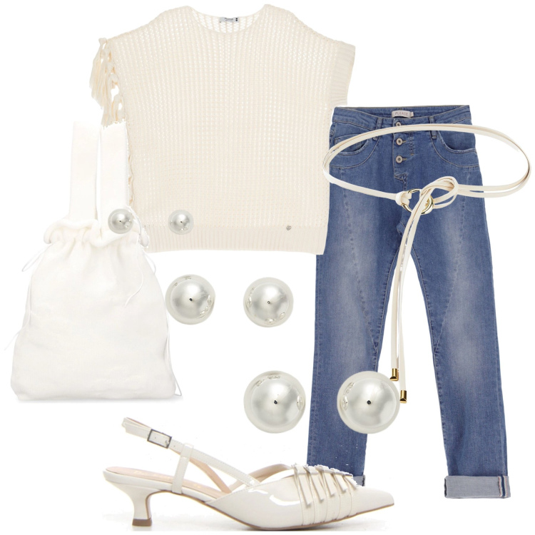 Outfit donna - Perle sull aperitivo. Stile Glamour per Serata fuori. Abbinamento con cinture, jeans slim fit, maglieria, orecchini, borse a mano, décolleté.
