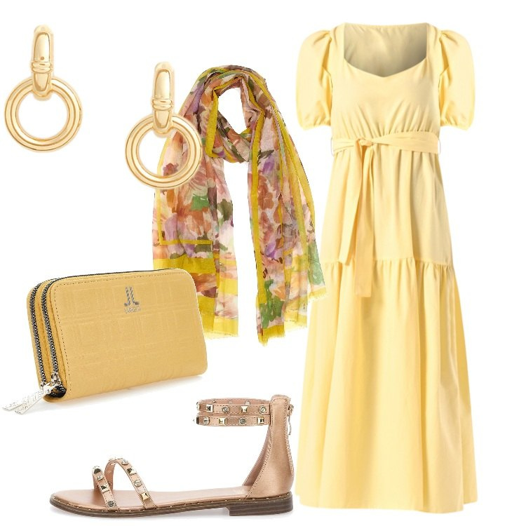 Outfit donna - Eleganza rilassata. Stile Romantica per Serata fuori. Abbinamento con vestiti lunghi, orecchini, sandali, portafogli, sciarpe.