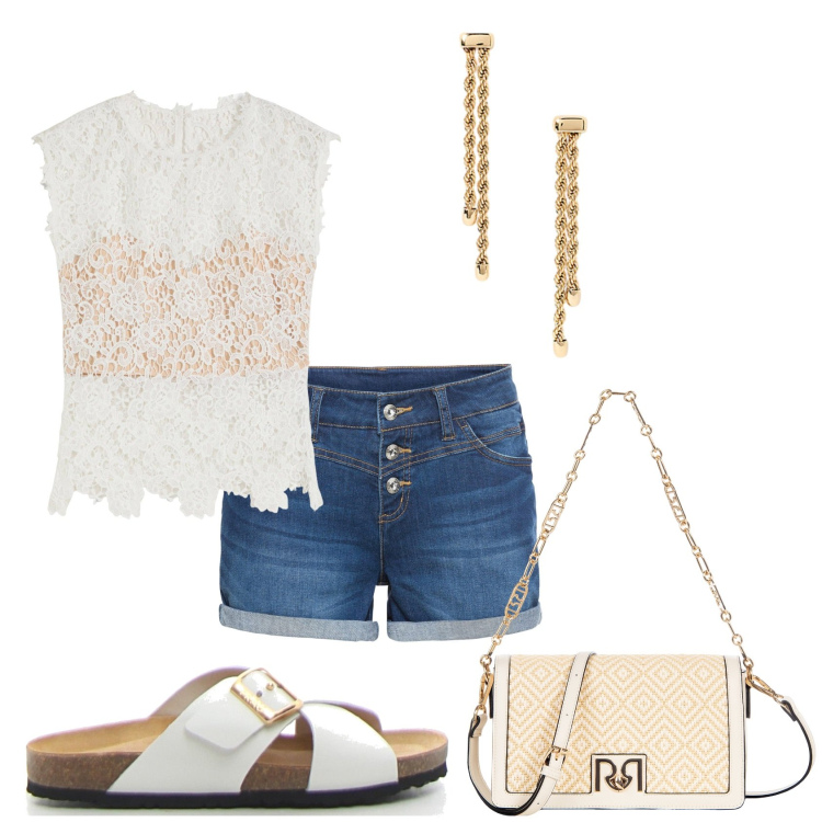 Outfit donna - Short e top di pizzo. Stile Casual per Tutti i giorni. Abbinamento con top, shorts, borse a tracolla, orecchini, ciabatte.