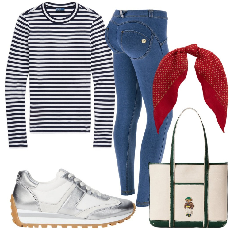 Outfit donna - Total look #2214908. Stile Casual chic per Tutti i giorni. Abbinamento con jeggings, t-shirt, sneakers, foulard, borse tote.