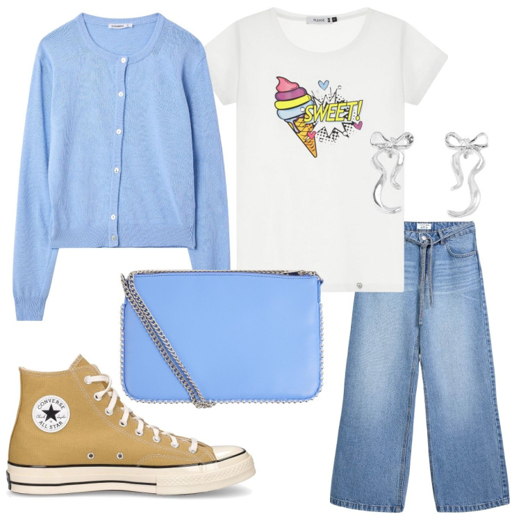 Outfit donna - La t-shirt carina. Stile Casual chic per Tutti i giorni. Abbinamento con cardigans, orecchini, jeans, borse a tracolla, t-shirt, sneakers.