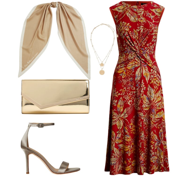 Outfit donna - China girl. Stile Chic per Serata fuori. Abbinamento con vestiti, foulard, ciondoli, sandali col tacco, pochette.