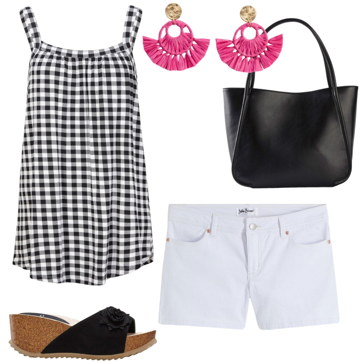 Outfit donna - Passeggiata al mare. Stile Minimal per Mare. Abbinamento con shopping bag, shorts, top, orecchini, sandali.