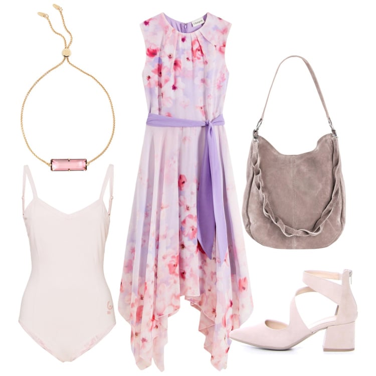 Outfit donna - Il vestito asimmetrico. Stile Romantica per Serata fuori. Abbinamento con vestiti, borse a mano, body, braccialetti, sandali in pelle.