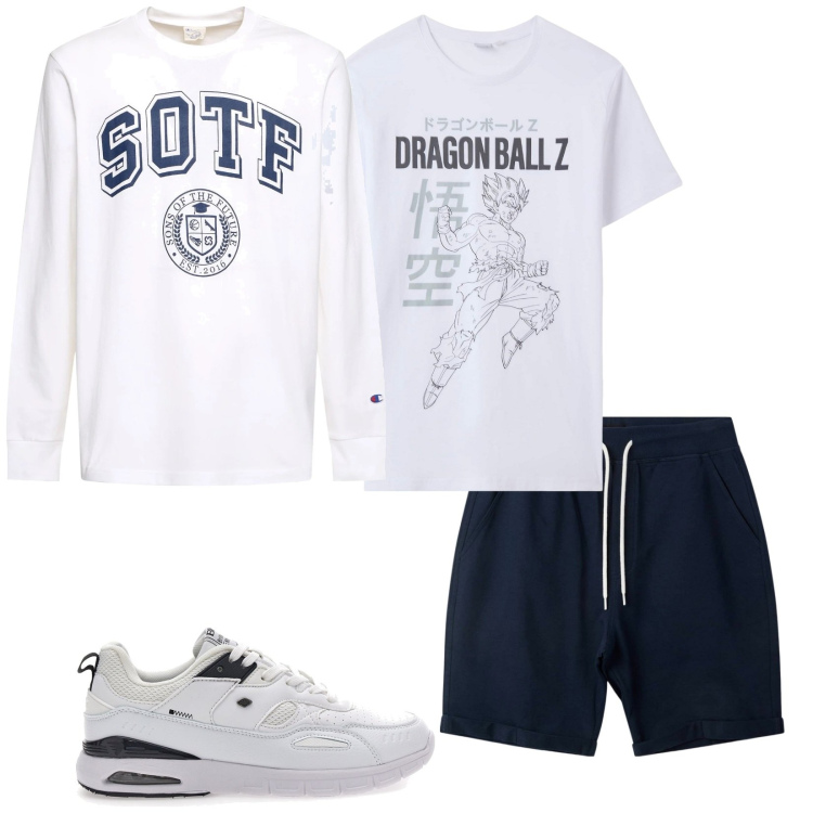 Outfit uomo - Fa fresco. Stile Casual per Sport. Abbinamento con t-shirt, pantaloni corti, sneakers, t-shirt.