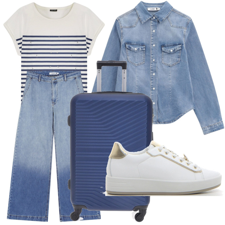 Outfit donna - Sfumature di denim. Stile Casual per Tutti i giorni. Abbinamento con jeans, camicie, t-shirt, sneakers, valigie.