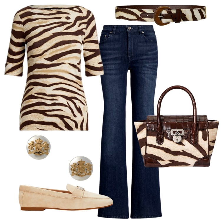 Outfit donna - Animalier. Stile 70s per Tutti i giorni. Abbinamento con t-shirt, jeans, borse a mano, mocassini, orecchini, cinture.