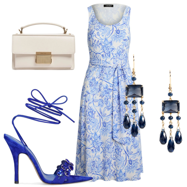 Outfit donna - Fantasie acquerello. Stile Chic per Serata fuori. Abbinamento con vestiti senza maniche, orecchini, borse a mano, sandali in pelle.