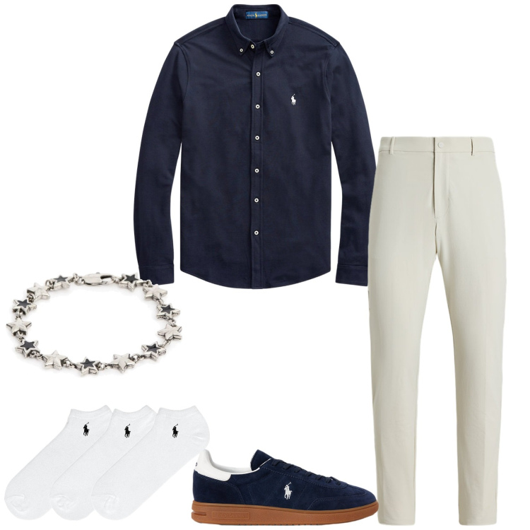 Outfit uomo - Friday. Stile Trendy per Serata speciale. Abbinamento con camicie, calzini, sneakers, pantaloni, braccialetti.