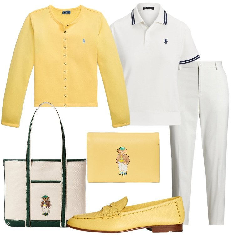 Outfit donna - Preppy Ralph Lauren. Stile Preppy per Tutti i giorni. Abbinamento con cardigans, portafogli, borse tote, pantaloni, mocassini, polo.