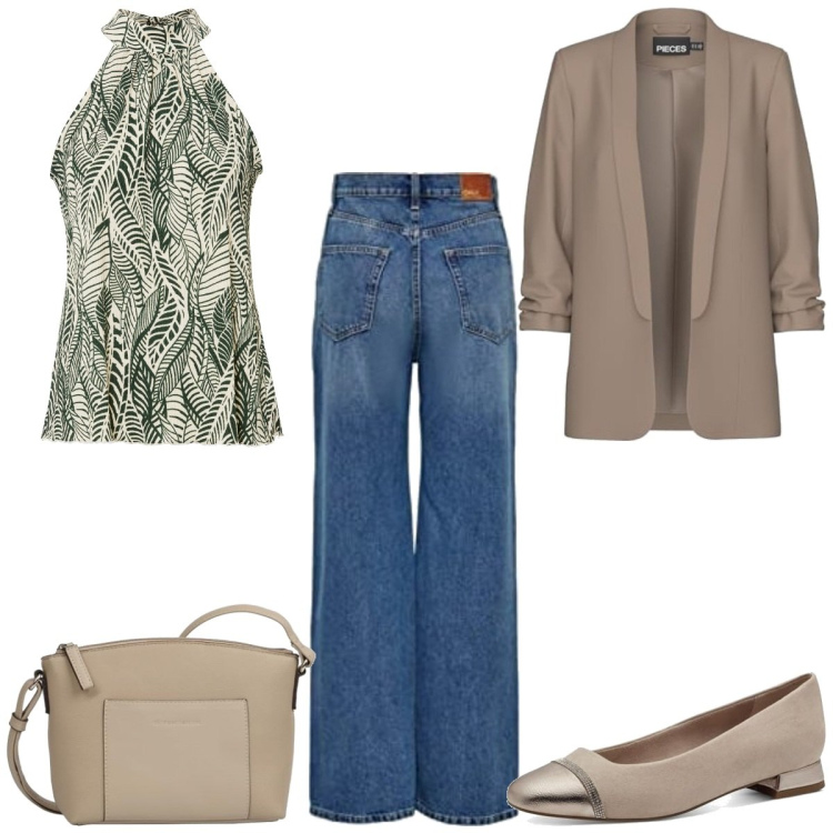 Outfit femme - Août au bureau. Style Basique pour Bureau. Assortir avec hauts, jeans, ballerines, blazers, sacs en bandoulière.