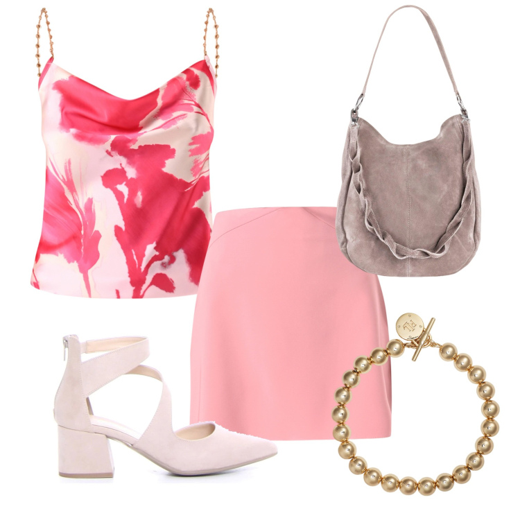 Outfit donna - Per un pranzo fuori. Stile Romantica per Tutti i giorni. Abbinamento con borse a mano, minigonne, canottiere, braccialetti, sandali in pelle.