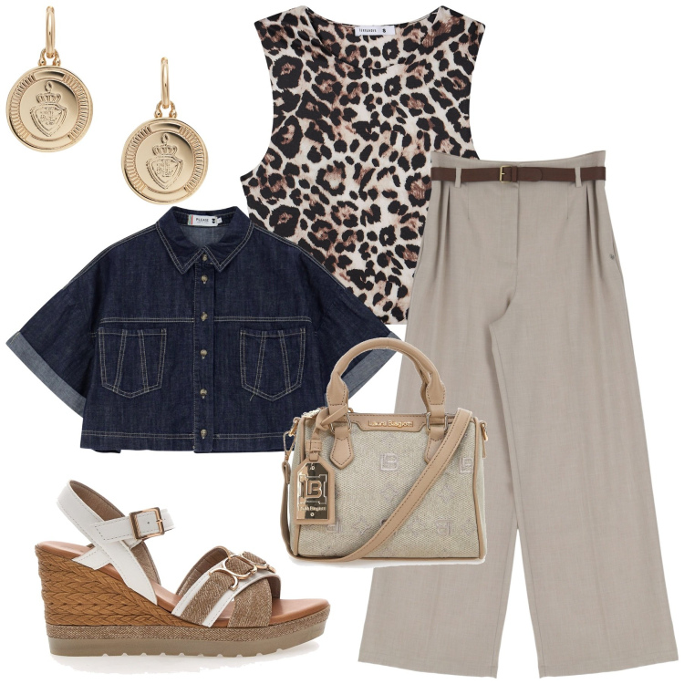 Outfit donna - Total look #2214947. Stile Etnico per Tutti i giorni. Abbinamento con top, blazer, pantaloni, orecchini, borse a tracolla, zeppe.