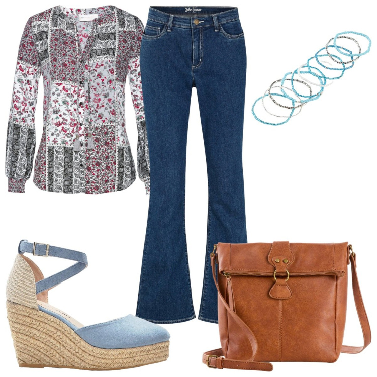 Outfit donna - Denim vintage: jeans a zampa. Stile 70s per Tutti i giorni. Abbinamento con jeans bootcut, bluse, borse a tracolla, sandali, braccialetti.