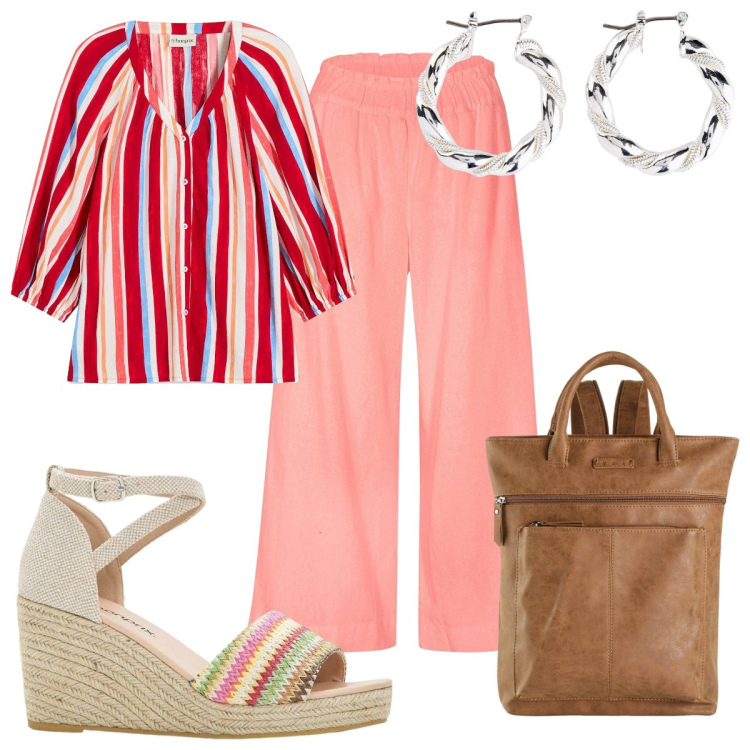 Outfit donna - Denim vintage : 70s in rosa. Stile 70s per Tutti i giorni. Abbinamento con zaini, pantaloni culotte, bluse, orecchini, sandali.