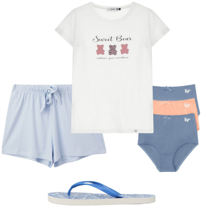 Outfit donna - Total look #2214955. Stile Casual per Tutti i giorni. Abbinamento con culotte, infradito, pigiama, t-shirt.