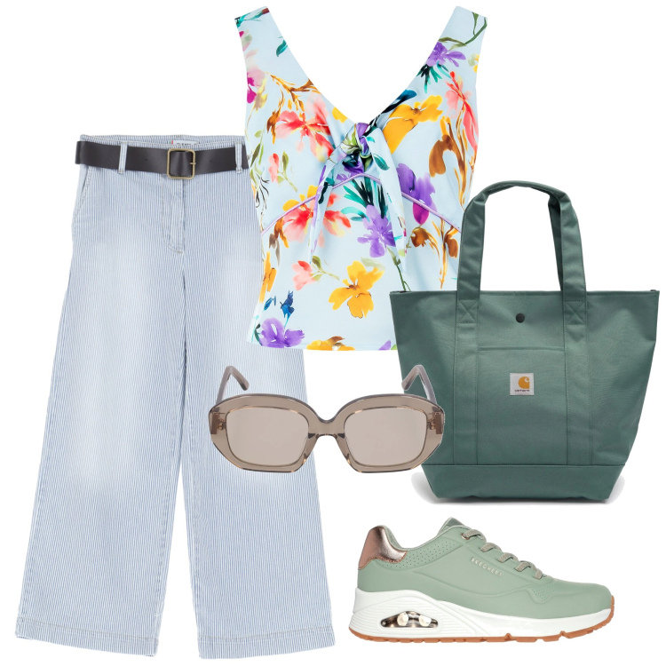 Outfit donna - In giro al pomeriggio. Stile Casual per Tutti i giorni. Abbinamento con top, pantaloni, sneakers, borse tote, occhiali da sole.