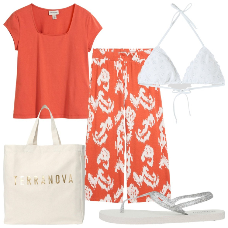 Outfit donna - Arancione caldo e bianco. Stile Trendy per Mare. Abbinamento con pantaloni, t-shirt, sandali, bikini, borse tote.