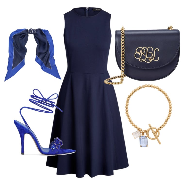 Outfit donna - Elegante cerimonia. Stile Chic per Cerimonia. Abbinamento con vestiti senza maniche, foulard, braccialetti, borse a tracolla, sandali in pelle.