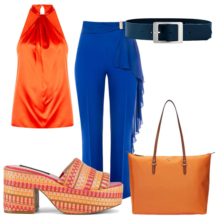 Outfit donna - Arancione caldo e blu. Stile Trendy per Tutti i giorni. Abbinamento con cinture, pantaloni, top, borse tote, zeppe.
