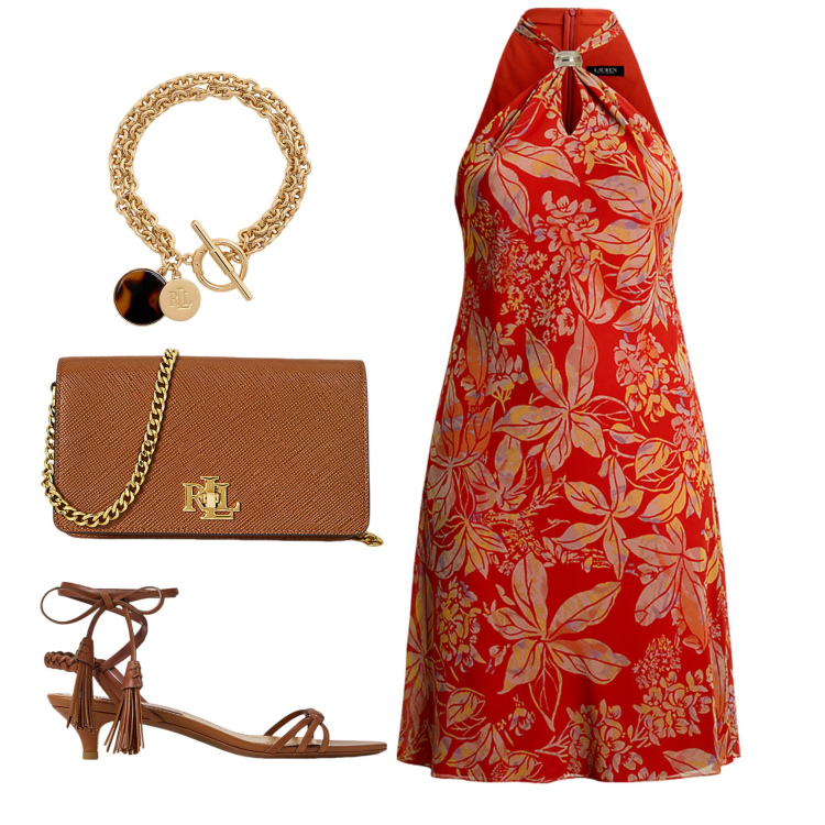Outfit donna - Semplice ma raffinata. Stile Chic per Serata fuori. Abbinamento con braccialetti con ciondoli, vestiti, sandali col tacco, borse a tracolla.