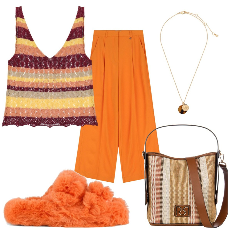 Outfit donna - Arancione e marrone: mille emozioni. Stile Trendy per Tutti i giorni. Abbinamento con borse a secchiello, pantaloni, top, collane, ciabatte.