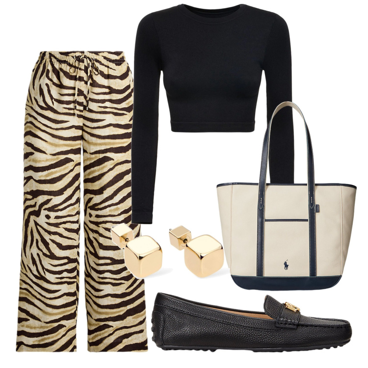 Outfit donna - Il pantalone animalier. Stile Casual per Tutti i giorni. Abbinamento con mocassini, borse tote, pantaloni, top, orecchini.