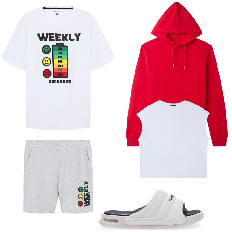 Outfit uomo - Total look #2214980. Stile Casual per Tutti i giorni. Abbinamento con felpe con cappuccio, abbigliamento da notte, t-shirt sportive, sandali.