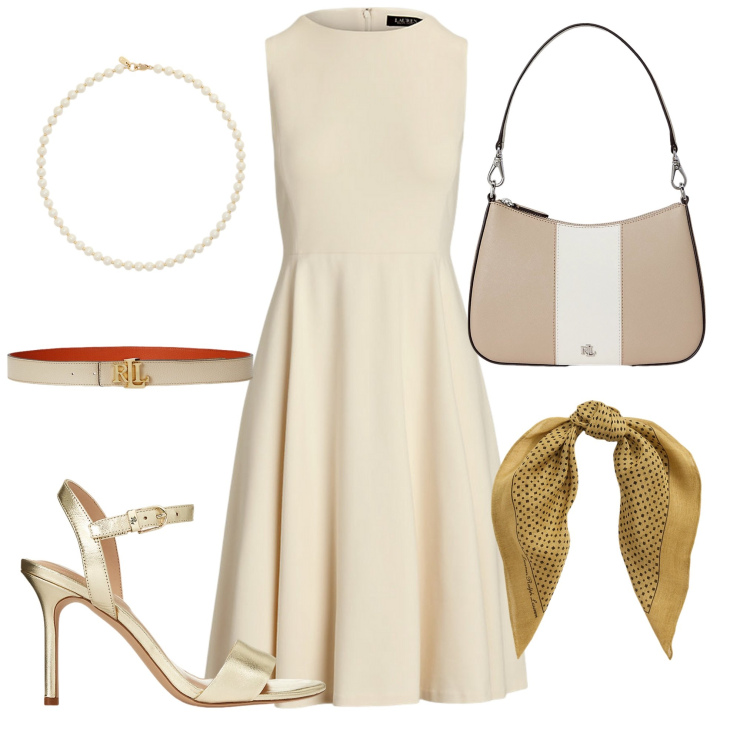 Outfit donna - Lauren 2. Stile Bon Ton per Serata fuori. Abbinamento con vestiti senza maniche, foulard, cinture, sandali in pelle, borse a spalla, collane.