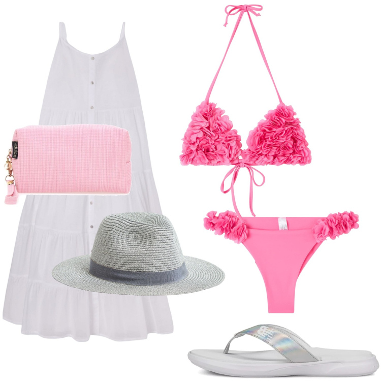 Outfit donna - Total look #2214994. Stile Trendy per Mare. Abbinamento con cappelli, vestiti lunghi, bikini, bikini, infradito, valigie.