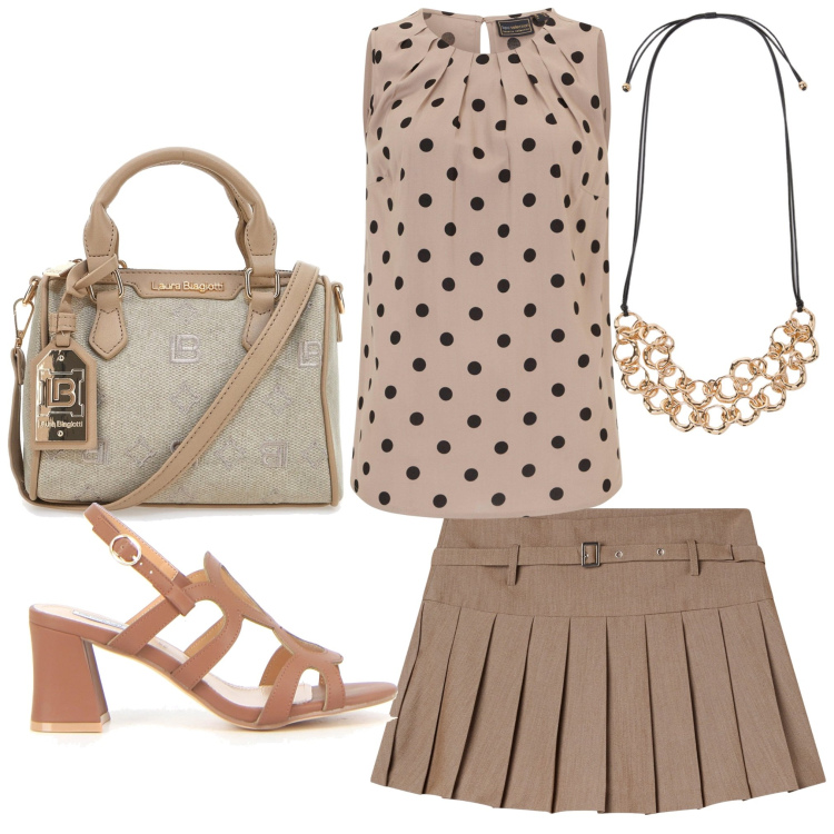 Outfit donna - Pieghe e pois. Stile Casual chic per Tutti i giorni. Abbinamento con top, minigonne, borse a tracolla, sandali col tacco, collane.