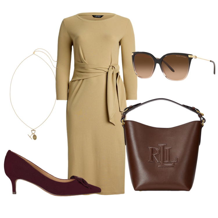Outfit donna - Lauren 4. Stile Bon Ton per Serata fuori. Abbinamento con vestiti, occhiali da sole, borse a secchiello, décolleté, ciondoli.