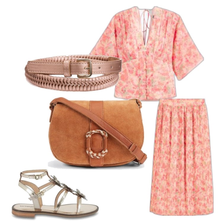 Outfit mujer - Romantic day. Estilo Romántica para Todos los días. Combinación con faldas, blusas, sandalias de piel, bandoleras, cinturones.