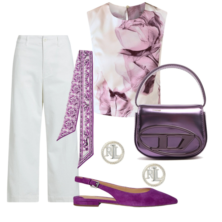 Outfit donna - Delicata e chic. Stile Romantica per Tutti i giorni. Abbinamento con top, orecchini, pantaloni, ballerine, borse a mano, foulard.
