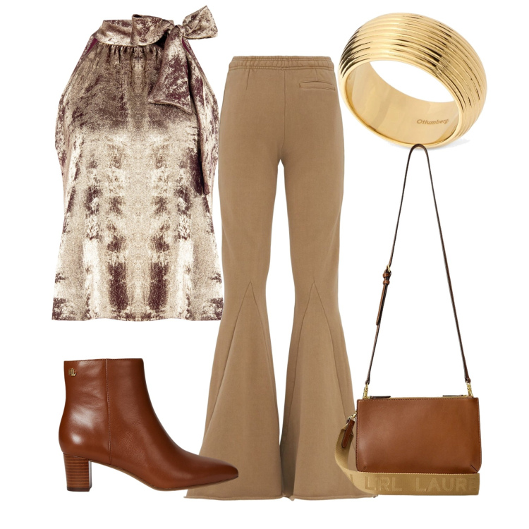 Outfit donna - Per stasera. Stile Vintage retrò per Serata fuori. Abbinamento con top, borse a tracolla, stivaletti, anelli, pantaloni.