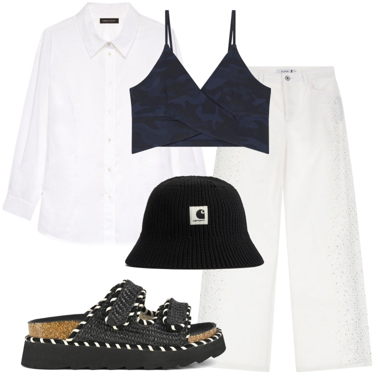 Outfit donna - La leggerezza del bianco. Stile Casual per Tutti i giorni. Abbinamento con pantaloni, top, camicie, sandali, cappelli.