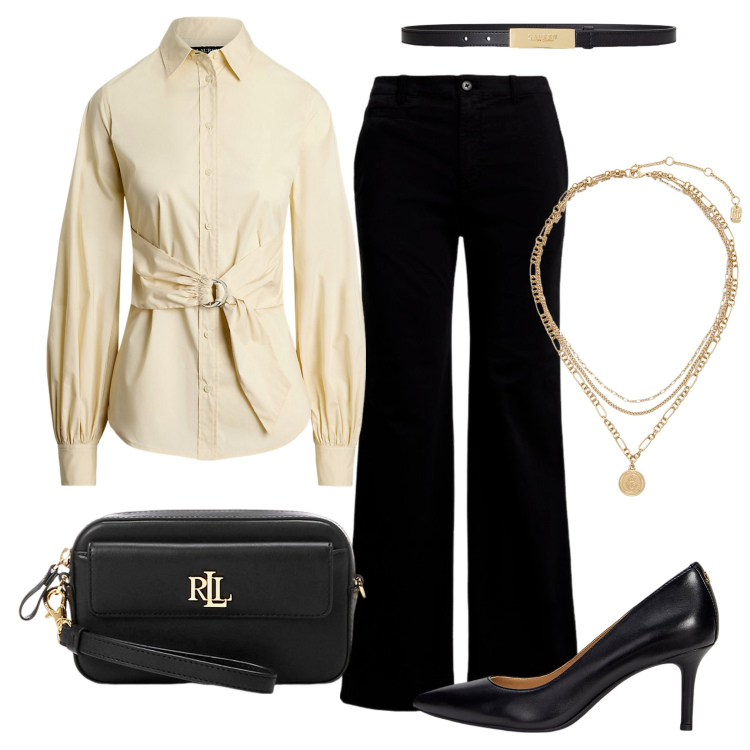 Outfit donna - Lauren 5. Stile Bon Ton per Serata fuori. Abbinamento con camicie, pantaloni, pochette, décolleté, ciondoli, cinture.