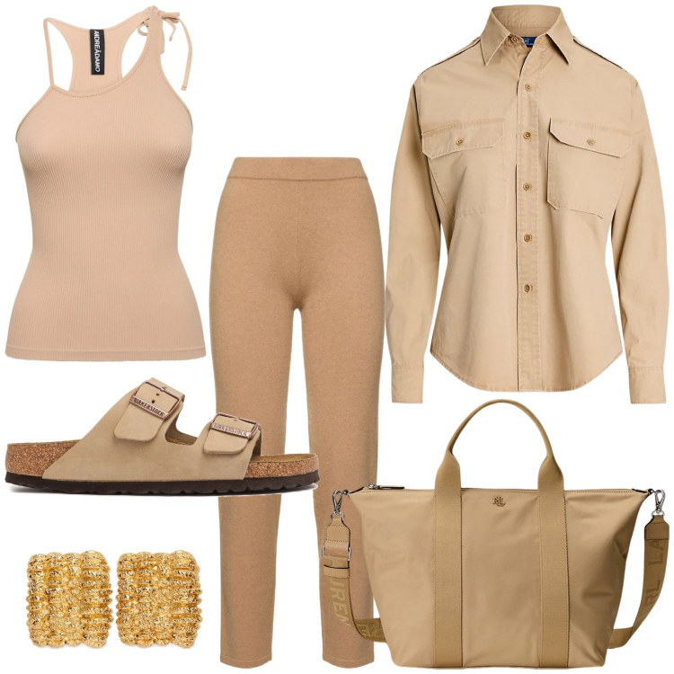 Outfit donna - Color sabbia mediterraneo. Stile Casual per Tutti i giorni. Abbinamento con camicie, borse tote, canottiere, sandali in pelle, orecchini, pantaloni.