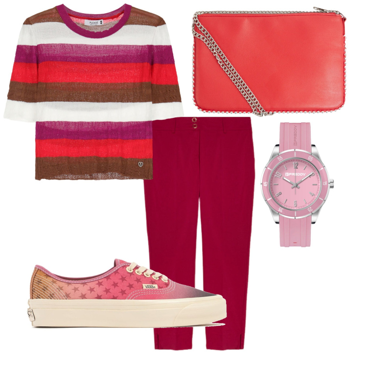 Outfit donna - Passeggiata tranquilla. Stile Sporty chic per Tutti i giorni. Abbinamento con borse a tracolla, maglieria, orologi, pantaloni chino, sneakers.
