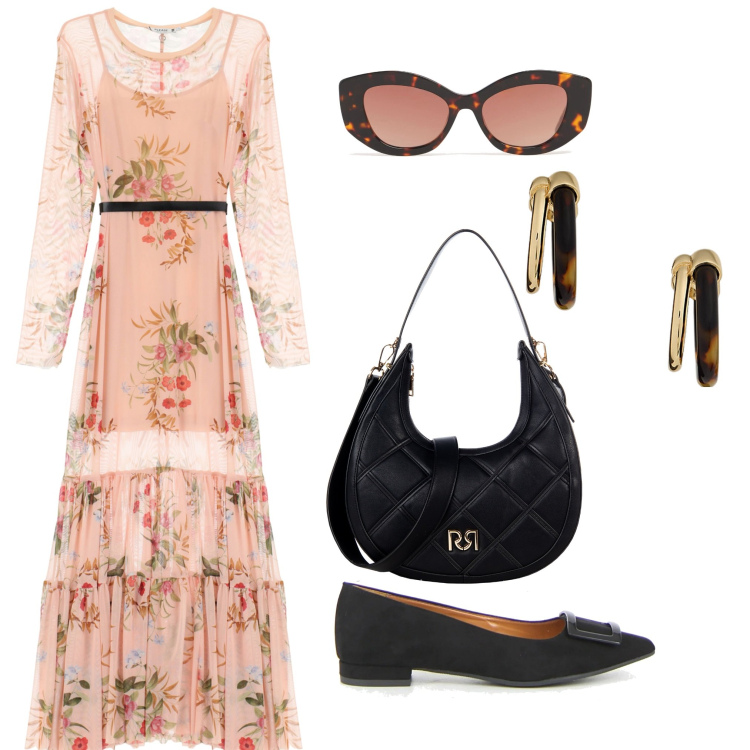 Outfit donna - Delicato boho. Stile Boho per Tutti i giorni. Abbinamento con borse a tracolla, vestiti lunghi, orecchini, ballerine, occhiali da sole.