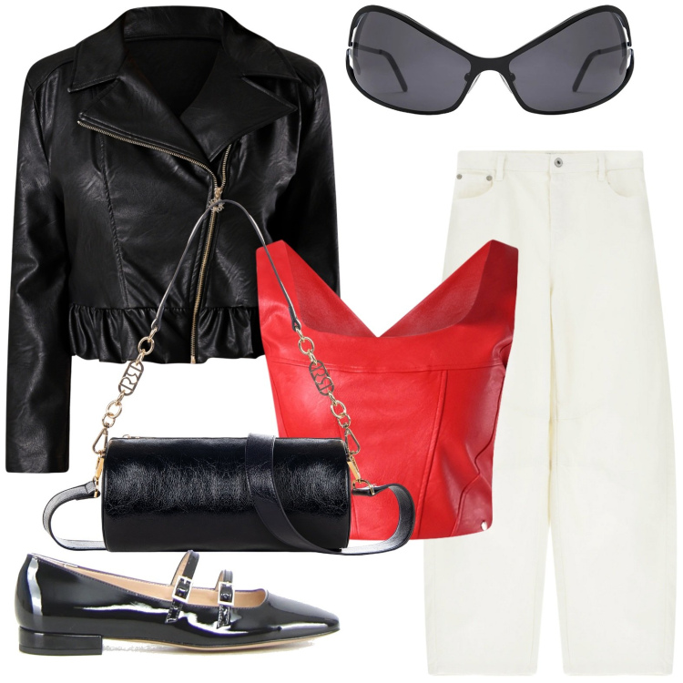 Outfit donna - In moto. Stile Rock per Serata fuori. Abbinamento con giacche, top, borse a mano, jeans, occhiali da sole, ballerine.