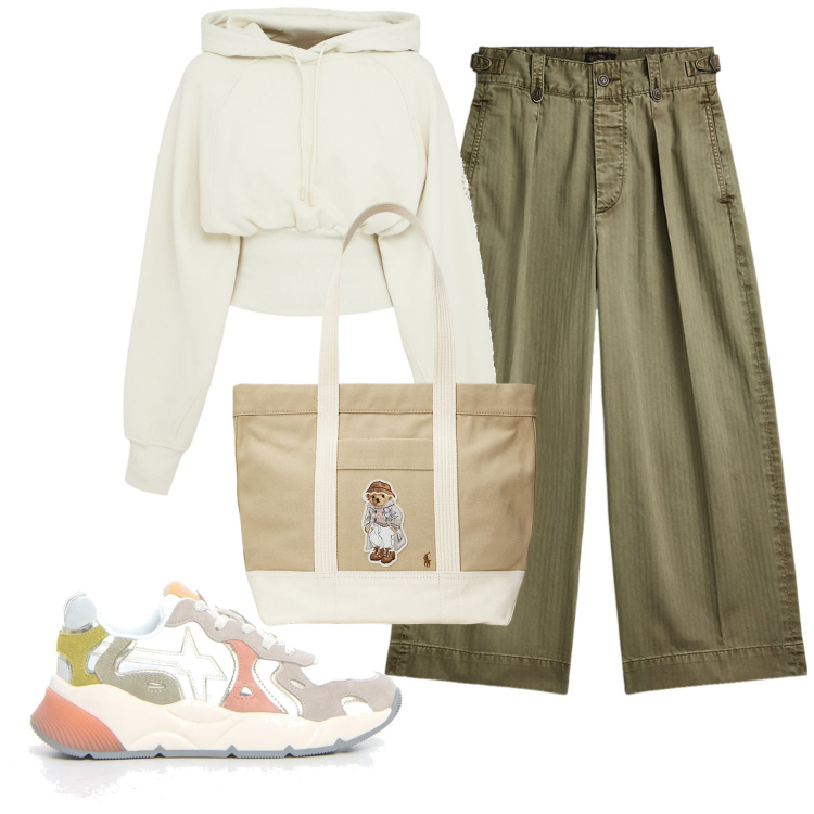 Outfit donna - In vacanza al fresco. Stile Casual per Tutti i giorni. Abbinamento con pantaloni, borse tote, sneakers, felpe con cappuccio.