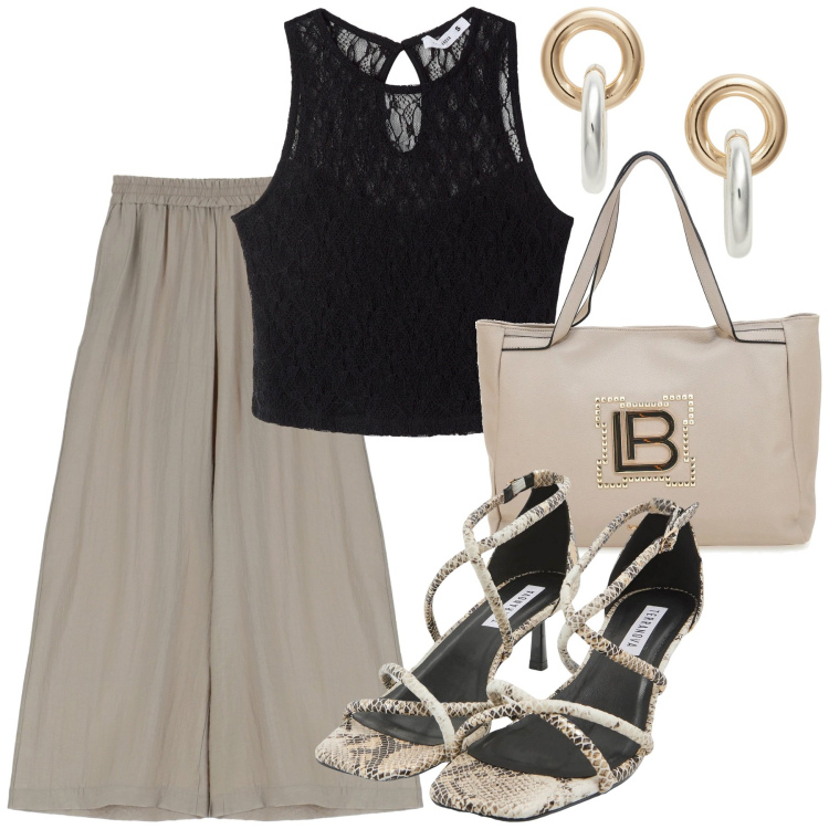Outfit donna - Trendy. Stile Trendy per Tutti i giorni. Abbinamento con top, sandali col tacco, pantaloni, orecchini, borse a spalla.