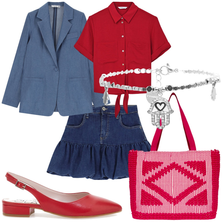 Outfit donna - Ufficio d agosto in mini e blazer. Stile Trendy per Ufficio. Abbinamento con camicie a manica corta, blazer, minigonne, braccialetti, ballerine, borse a mano.