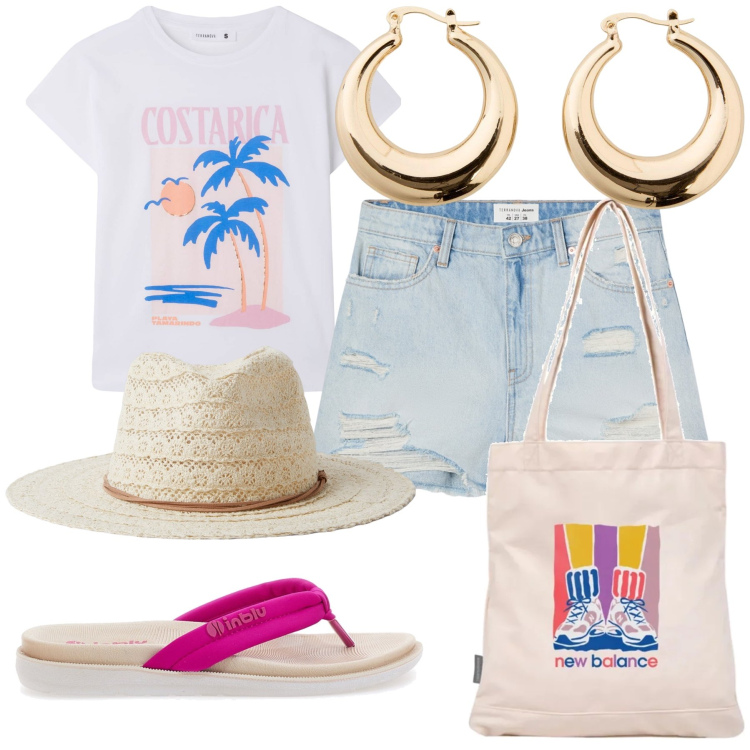 Outfit donna - Holiday. Stile Casual chic per Tutti i giorni. Abbinamento con orecchini, cappelli, t-shirt, shorts, shopping bag, infradito.