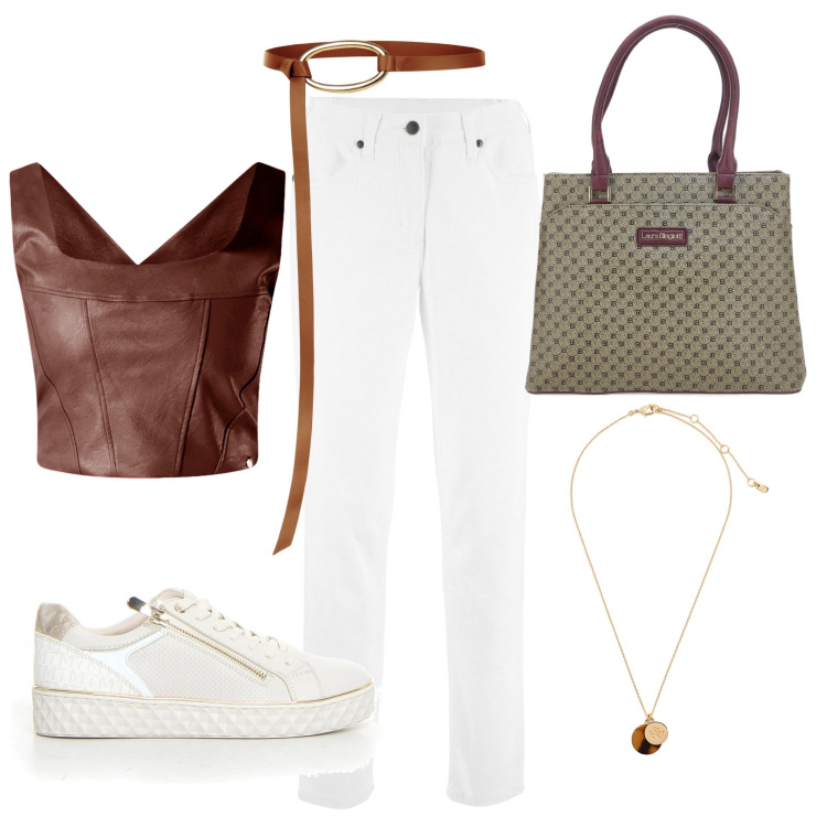 Outfit donna - Serata in compagnia. Stile Casual per Tutti i giorni. Abbinamento con pantaloni, top, cinture, collane, borse a spalla, sneakers.