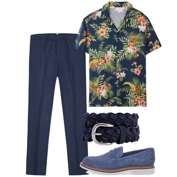 Outfit uomo - Agosto. Stile Casual per Tutti i giorni. Abbinamento con camicie a manica corta, cinture, scarpe stringate, pantaloni.