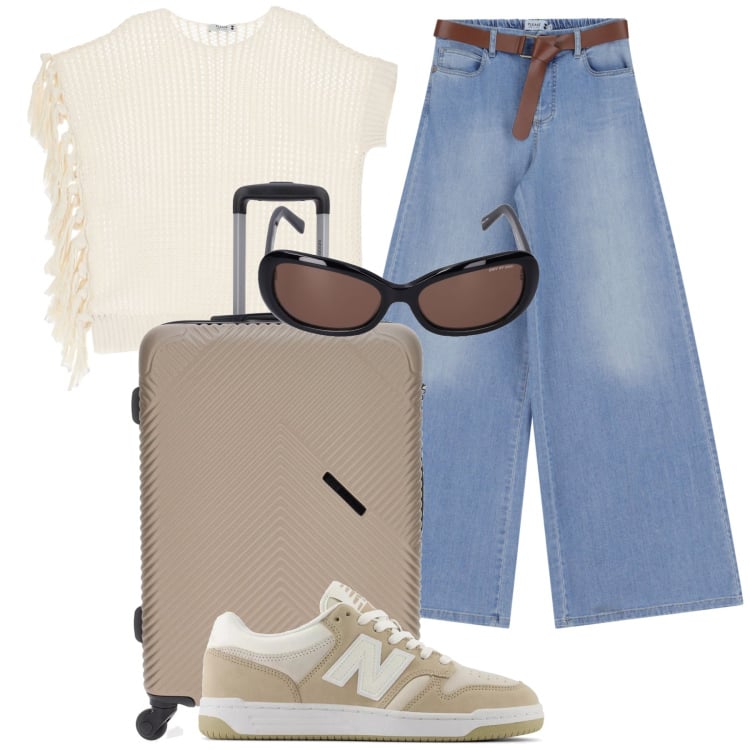 Outfit donna - Weekend fuoriporta. Stile Casual chic per Tutti i giorni. Abbinamento con sneakers, jeans, maglieria, valigie, occhiali da sole.