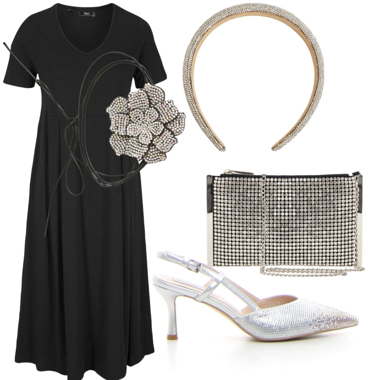 Outfit donna - Sul nero si brilla. Stile Bon Ton per Serata fuori. Abbinamento con vestiti midi/longuette, collane, cerchietti, pochette, décolleté.
